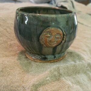 🌝Hand Thrown Pottery Small Espresso Mug or Cup with Sweet and Kind Moon Face🌛